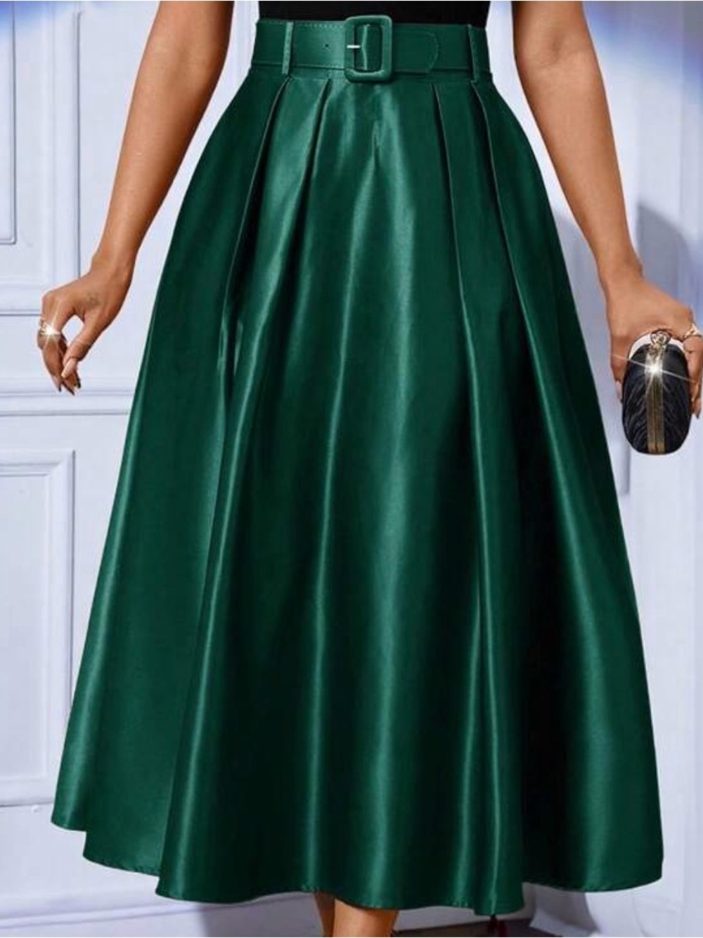 Emerald Green Satin Midi Skirt with Belt